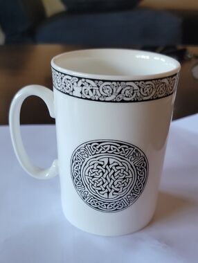 White and Black Celtic Knot Ceramic Mug with Handle-Handcrafted In Scotland